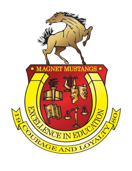 Magnet Mustangs school crest featuring a gold rearing mustang above a red and gold shield with symbols for academics and the arts (book, torch, music, theater, writing, and scales of justice). A gold banner reads "Excellence in Education," with the founding year "1987" and the motto "Courage and Loyalty."